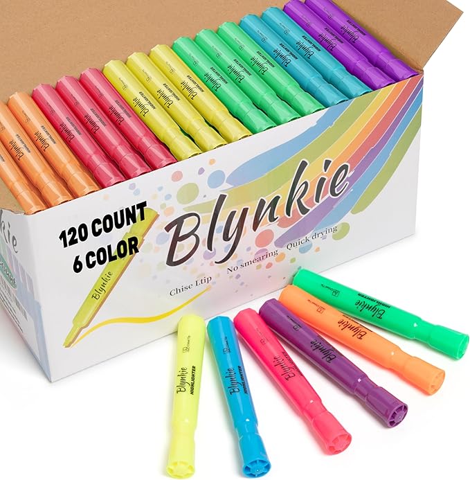 Blynkie Highlighters Bulk 120 Pack of 6 Bright Colors Tank Style Chisel Tip Highlighters Set for Adult Coloring Highlighting for Office Supplies and Shop Short Style.