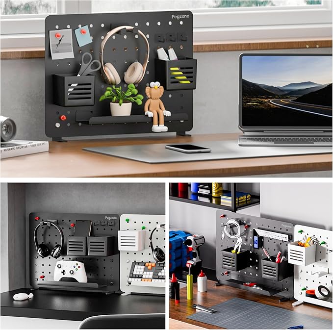 PEGZONE Clamp-on Desk Pegboard, Desk Organizer for Office Gaming Home, Magnetic Metal Peg Board with 10 Accessories, Privacy Panel for Office, 16.5" x 12.6", Medium, Black