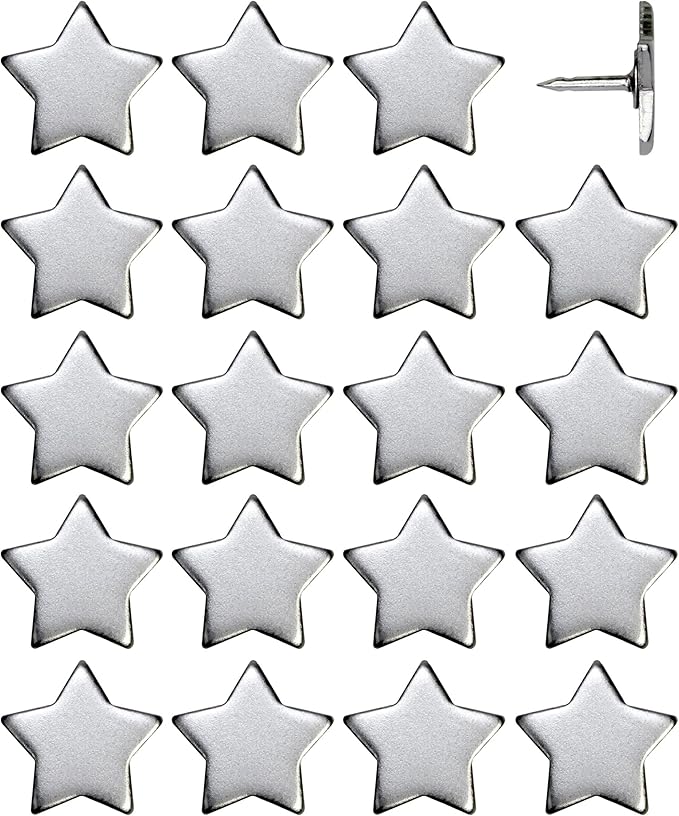 Big Star Push Pins - Silver Star Pins - for Cork Board, Maps, or Lapel Pin Use - Designed in USA - Set of 20