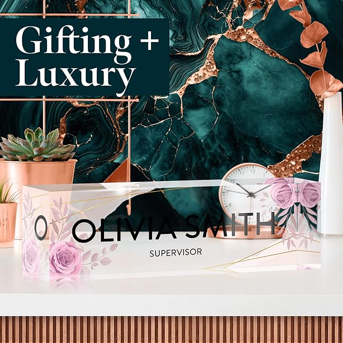 Desk Name Plate Personalized, Custom Name Plates 2½/x8 Inches, Thick Crystal-Clear Acrylic, Gift Box, Office Desk Decor. USA Made by ACRYLUXE (Aesthetic)