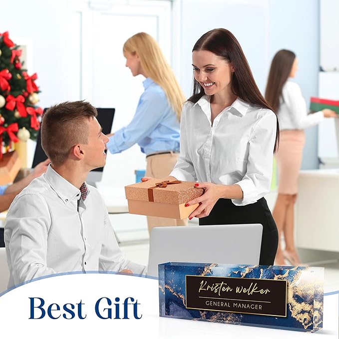 Personalized Office Name Plate, Custom Name Plate for Desks, Office Desk Decorations Gift for Women Men, Acrylic Desk Name Plate for Teacher Coworkers Staff Boss (Blue Marble)