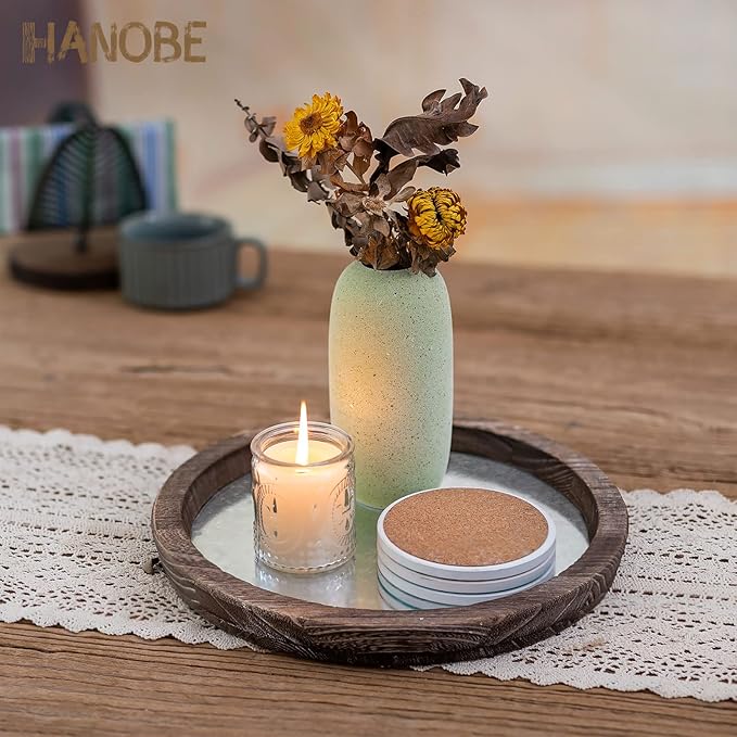 Hanobe Round Wood Decorative Tray: Set of 2 Farmhouse Wooden Galvanized Trays for Coffee Table Centerpiece Rustic Vintage Candle Platter for Ottoman Home Decor Kitchen Bathroom Bar Countertop