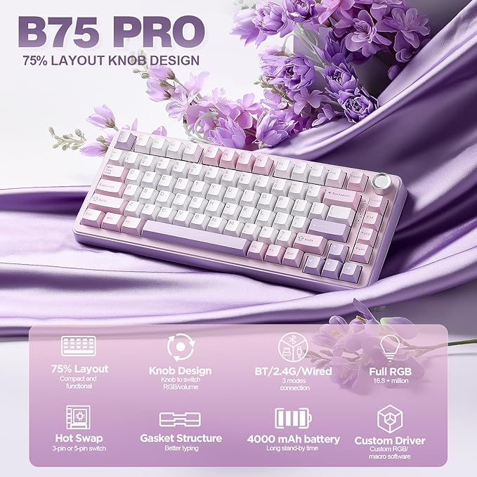 YUNZII B75 PRO Wireless Mechanical Keyboard,75% Layout with Knob,Hot Swap Gasket Custom Structure,Creamy Pre-lubed Switches,RGB Backlit,Bluetooth/Type-C/2.4G for Win/Mac(Milk Switch,Purple)