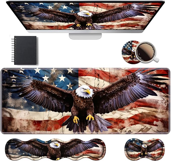 Ergonomic Keyboard Wrist Rest & Mouse Pad Wrist Rest Set,Large XXL Gaming Desk Mat 31.5"x 11.8" with Memory Foam,Easy Typing Pain Relief for Office & Home,Vintage USA Flag American Patriotic Eagle