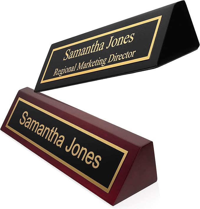 Providence Engraving Personalized Wood Desk Name Plate for Office with Custom Laser Engraved Piano Finish Desk Wedge in Rosewood, 2x8