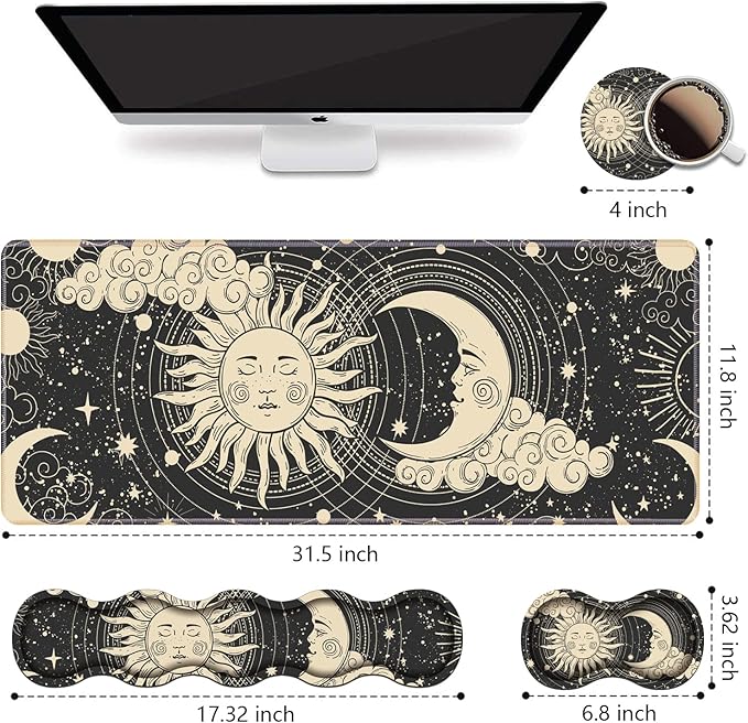 Ergonomic Keyboard Wrist Rest and Mouse Pad Wrist Rest Set, Extended XXL Gaming Mouse Pad 31.5"x 11.8", Non-Slip Base, Memory Foam, Easy Typing Pain Relief, Celestial Theme Sun with Crescent Moon