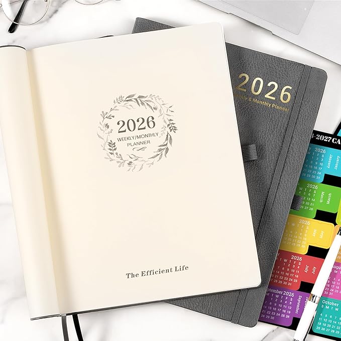 2026 Planner - 2026 Planner Weekly and Monthly, Jan. 2026 - Dec. 2026, 8.5" x 11", Leather Cover Planners with Thick Paper, Back Pocket with Notes Pages - Grey
