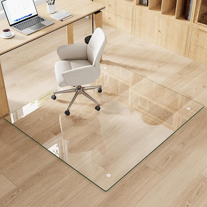 Tempered Glass Chair Mat for Carpet & Hard Floor, 42"x48" Office Chair Mat - Heavy Duty & Scratch Resistant, Non-Slip Pads, Rounded Corners & Polished Edges