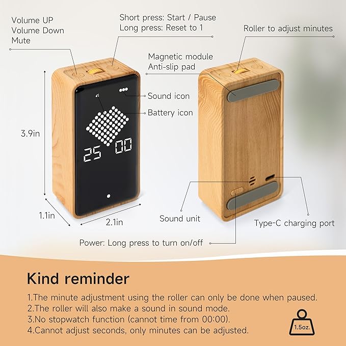 Digital Hourglass Timer, Rechargeable Magnetic Visual Timer with Large LED Display, Adjustable Volume for Classroom, Cooking, Fitness, Baking, Kids Learning & Teaching (Wood Grain Design)