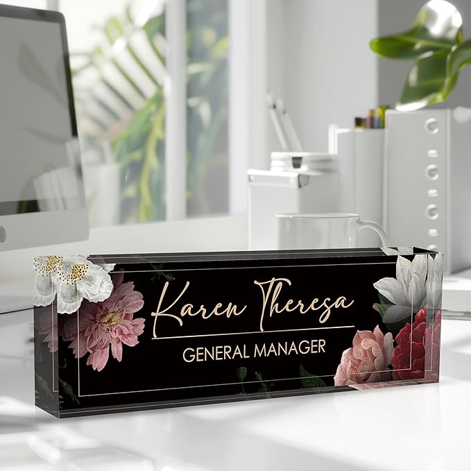Custom Office Name Plate, Personalized Gifts for Women & Men, Appreciation Gifts for Employees, Boss, Teacher - Office Desk Accessory (Hibiscus Flower)