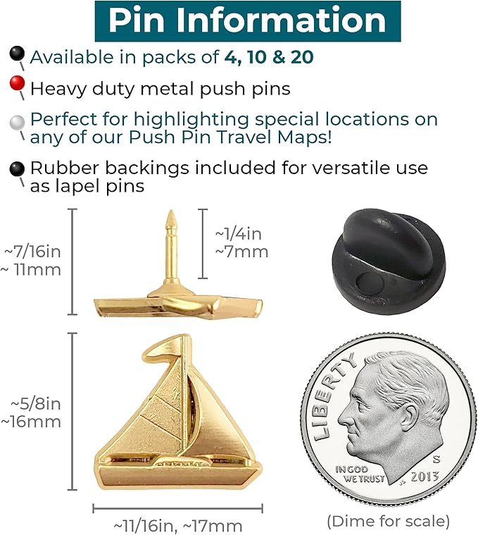 Sailboat Push Pins - Gold Sailing Pins - for Cork Board, Maps, or Lapel Pin Use - Designed in USA - Set of 10