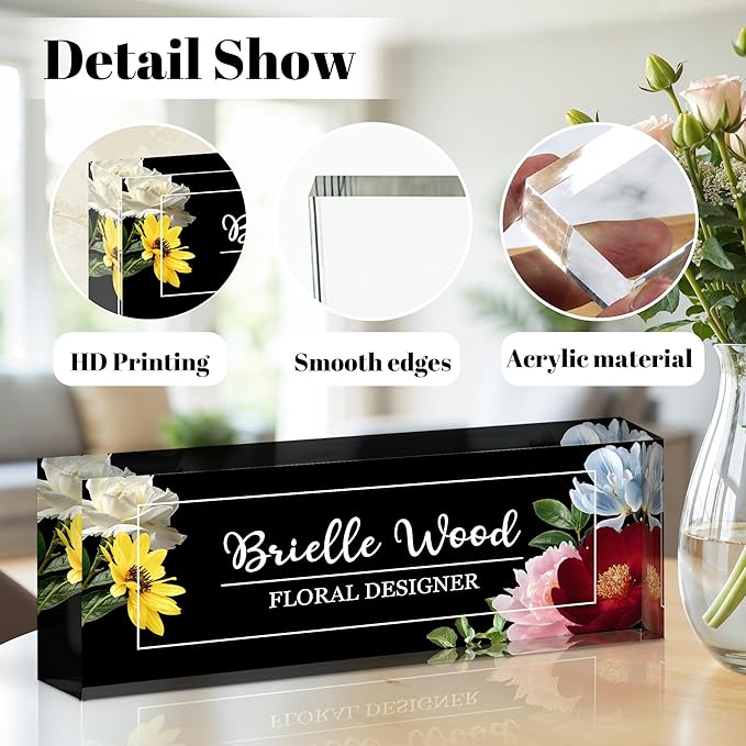 Personalized Name Plate for Desk, Custom Acrylic Desk Name Sign, Office Appreciation Gifts for Women Men Coworkers Boss Teacher Employee (Flower)