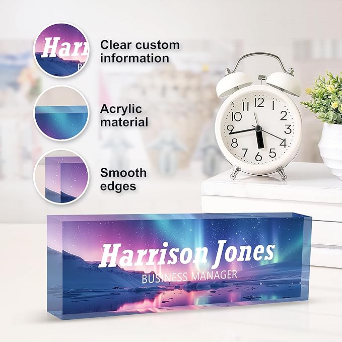 Personalized Name Plate for Desks, Custom Desk Name Plates, Acrylic Name Plate Office Desk Accessories, Personalized Office Gifts for Coworkers Teachers, Employee Appreciation Gifts (B-Purple Aurora)