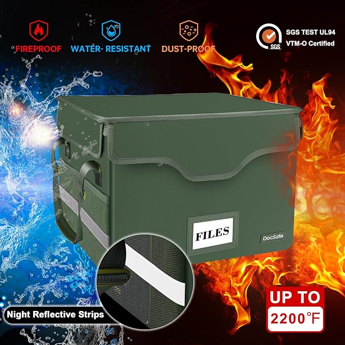 DocSafe Fireproof Document Box with Lock,File Storage Organizer with Pockets,Collapsible Portable File Box Home Office Safe Filing Cabinet with Handle for Hanging Letter/Legal Folders,Green,2 Pack
