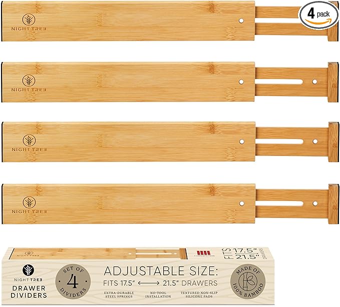 Night Tree Expandable Bamboo Drawer Dividers – drawer separators for Clothes, Kitchen Utensils, Bathroom, and Dresser Drawers (17.5" to 21.5")
