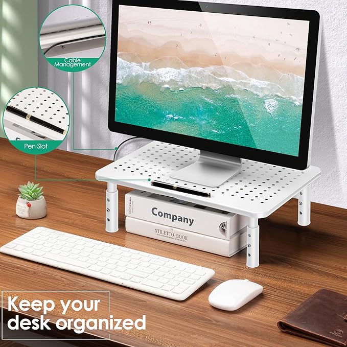 White Monitor Stand Risers for 2 Monitors, 3 Height Adjustable Monitor Stand with Pen Holder, Dual Monitor Riser Laptop Riser for Office, Home, School Supplies, 2 Pack