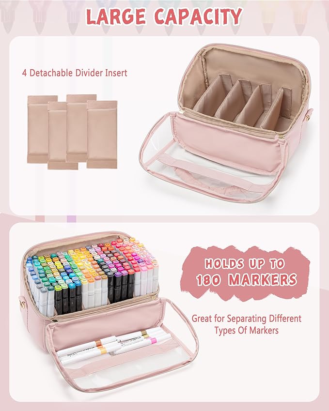 Quilted Marker Organizer Case Holds 180 Markers, Marker Storage Organizer Bag with Dividers and Detachable Crossbody Strap (Bag Only), Pink