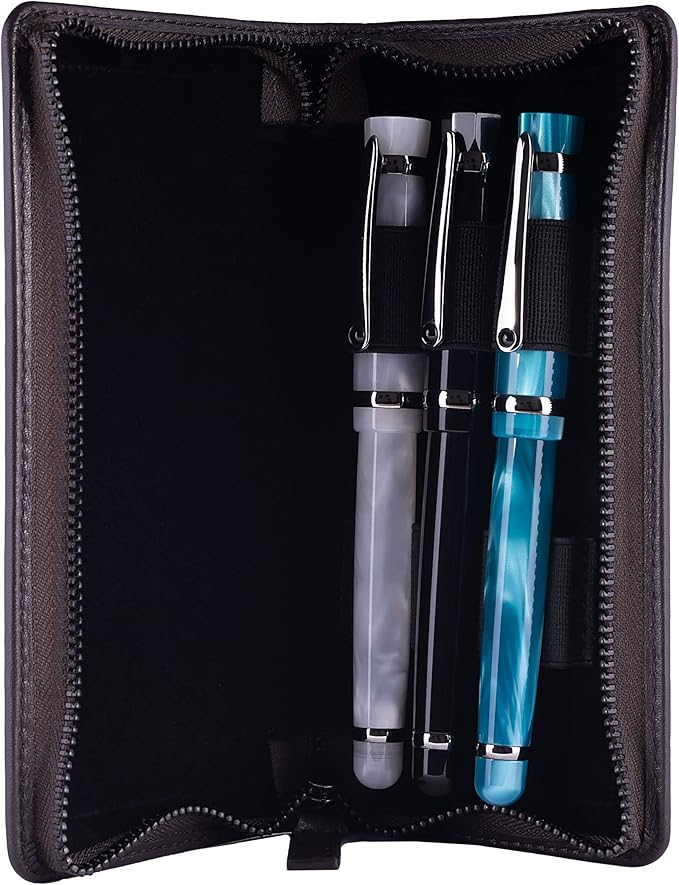 DiLoro Leather Zippered Triple or Quad Pen Case Pencil Pouch Holder for Three or Four Fountain Ballpoint Rollerball Pens or Glasses (Nappa Brown)
