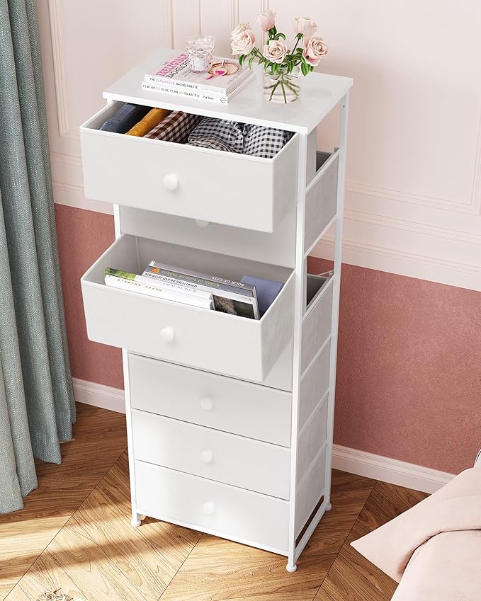 Crestlive Products Tall Dresser, 7-Drawer Fabric Storage Tower, Chests of Drawers - Vertical Organizer Unit for Bedroom, Hallway, Entryway, Nursery, Closets - Steel Frame, Wood Top & Handles (White)
