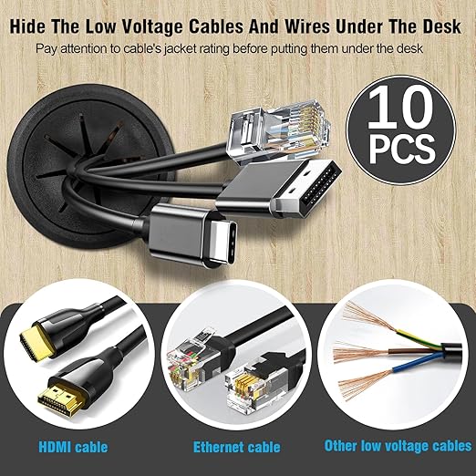 2" Black Desk Grommet, JTemgle Flexible Cable Grommet Plastic Cable Hole Cover Wire Organizer Caps Desktop Cord Management for Home Office TV Stands Tabletops, 10 Pieces