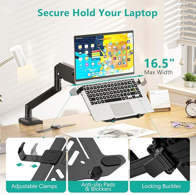 WALI Laptop Desk Mount, 2-in-1 Monitor Mount with Adjustable Laptop Tray, Fits Max 17" Notebook and 34" Computer Screen, Max Holds 22-26.4 lbs, Single Monitor Laptop Stand for Desk (GSMP001NLP), Black