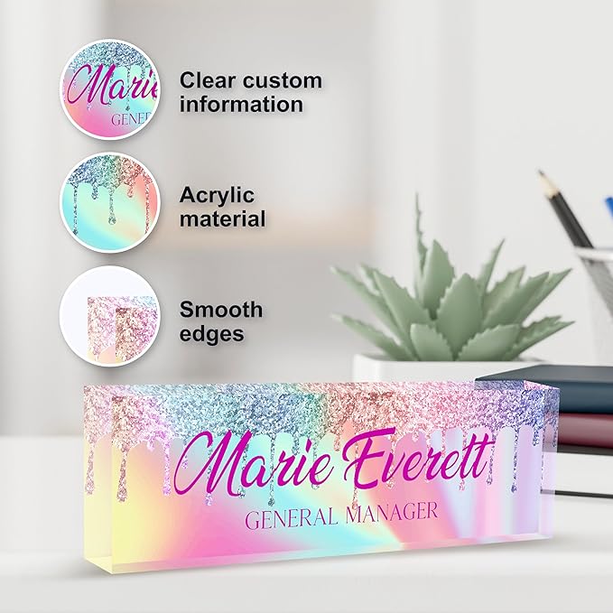 Personalized Name Plate for Desk, Custom Desk Name Plate, Acrylic Name Plate Office Desk Accessories, Personalized Office Gifts for Coworkers Teachers, Employee Appreciation Gifts (B-Colored Crystal)