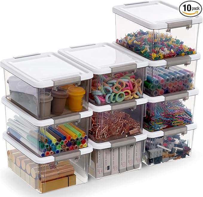 Citylife 1.32 QT 10 Pack Small Storage Bins Plastic Storage Container Stackable Box with Lids for Organizing, Clear Grey.