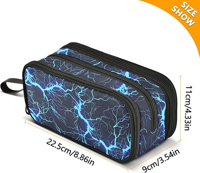 Dark Blue Electric Lightning Pencil Case Box Boys Girls Large Pencil Pouch with Zipper Compartments Big Capacity Stationery Pen Bag Organizer for Kids Teens Adults School