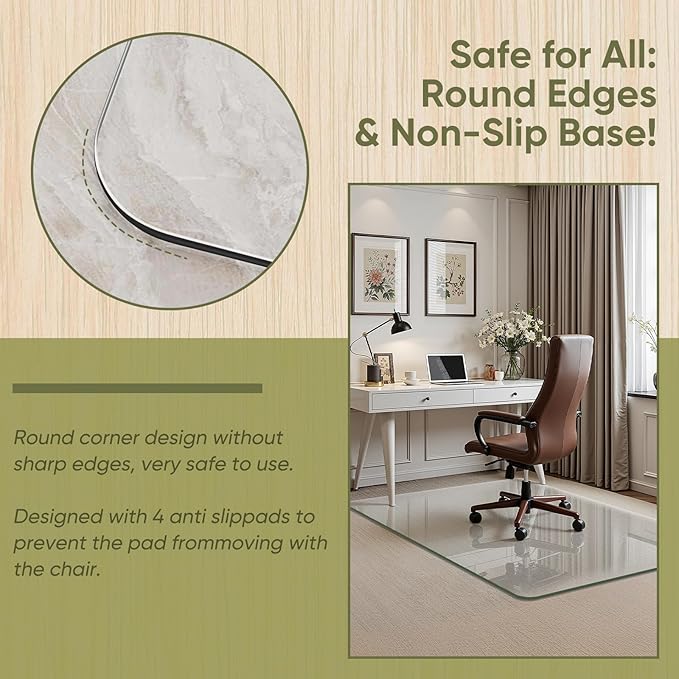Furnbar Office Chair Mat for Carpet & Hardwood, Upgraded 48" x 72" Tempered Glass Chair Mat for Office Home, with 4 Anti-Slip Pads