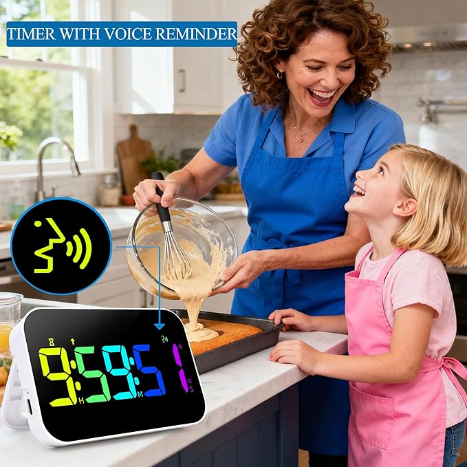 Kitchen LED Digital Timer Rechargeable, RGB Count Down Up Digital Timer with Vioce Reminder for Kitchen Classroom Cooking Study, Vibration Mode 3 Level Adjustable Volume and Brightness