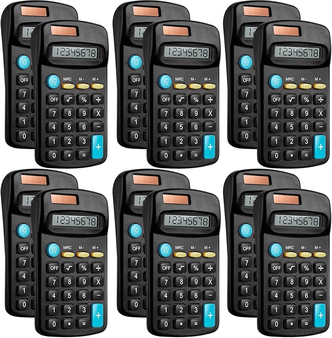 12 Packs Pocket Size Mini Black Calculator Basic Calculators for Handheld Angled Students 8 Digit Display Solar Battery Dual Power Small Calculator for Students Kids Home Office