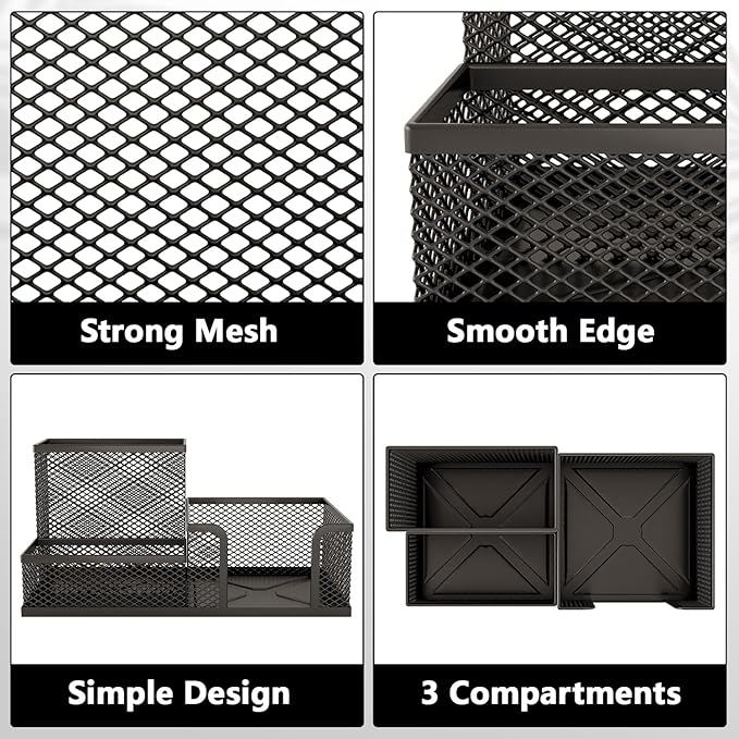 Mesh Pen Holder for Desk 3 Compartment Desk Organizer for Pens Pencils Sticky Notes Office Accessories