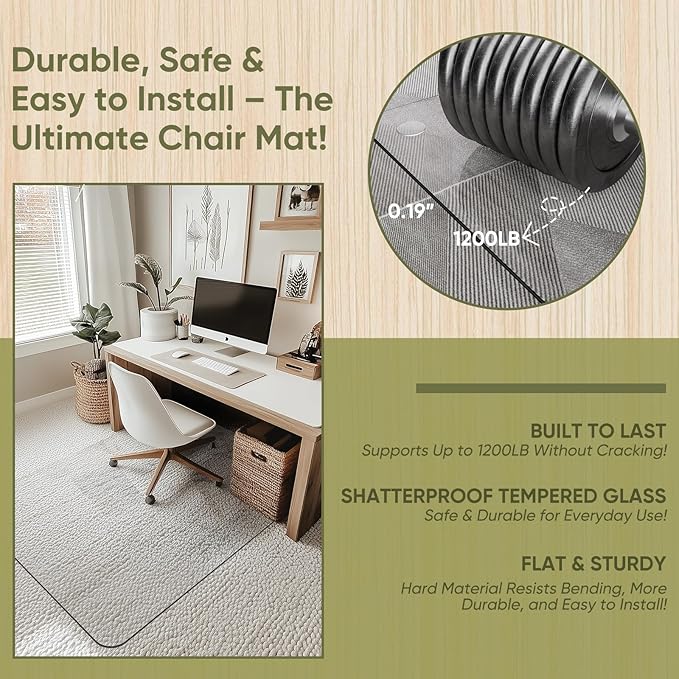 Furnbar Office Chair Mat for Carpet & Hardwood, Upgraded 36" x 48" Dual Use Tempered Glass Chair Mat for Chair and Footrest Under Desk