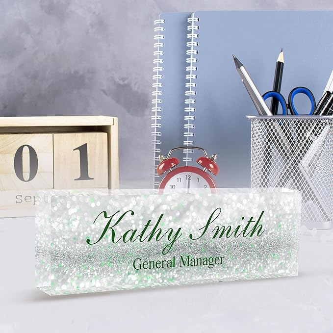 Custom Name Plate for Desk | Personalized Desk Name Plate | Personalized Boss Employee Appreciation Gifts | Acrylic Name Plate Office Desk Accessories (A-Silver Green Crystal)