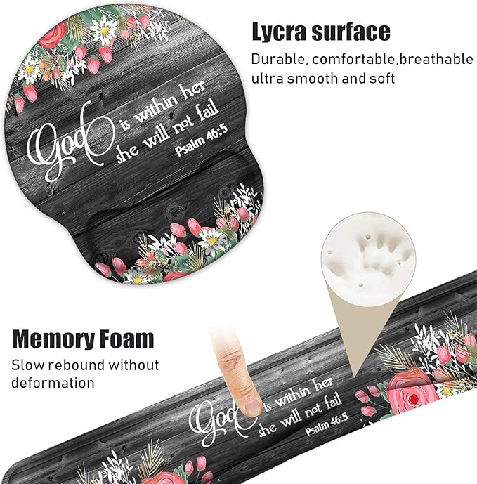 Keyboard Wrist Rest and Mouse Pad Wrist Support Set with Coasters, Ergonomic Gaming Mousepad for Home Office Working Studying Easy Typing & Pain Relief, Floral Quote Bible Verse Psalm 46:5