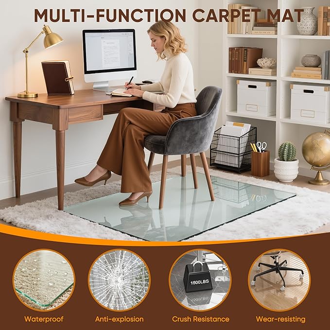 Antok Tempered Glass Chair Mat, 48"x72" Office Chair Mat for Carpet & Hardwood Floors, Heavy Duty 1/5" Desk Chair Mat for Smooth Rolling at Home or Office