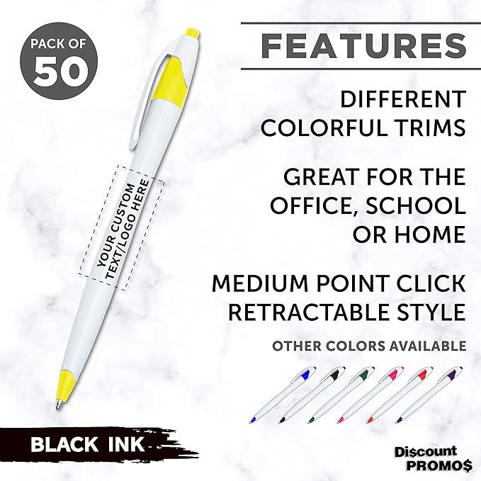 DISCOUNT PROMOS Custom Slim Curvy Ballpoint Pens Set of 50, Personalized Bulk Pack - Black Ink, Retractable, Great for Office, School, Tradeshows - Yellow