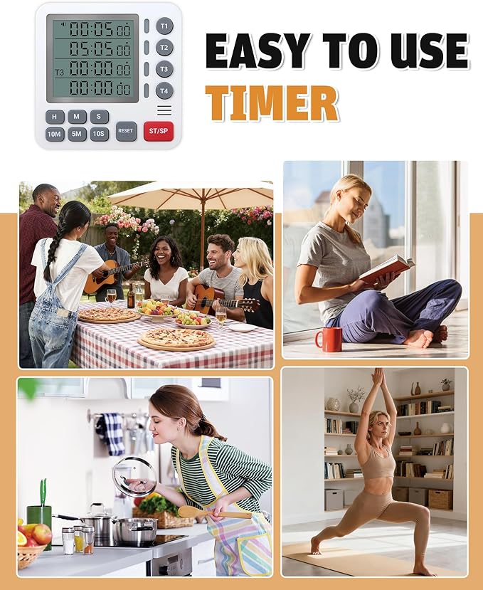 Digital Kitchen Timer - 4-Channel Cooking Timer with Alarm, Magnetic Back, Loud & Silent Modes, Count Up/Down, Ideal for ovens, Seniors, Kids and classrooms, Replaceable AAA Battery