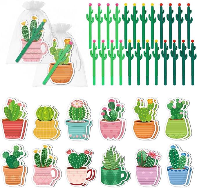 24 Sets Cactus Sticky Notes and Cactus Shaped Ballpoint Pens, Cute Self-Stick Notepads Plant Memo Pads for Office Supplies Party Favors, Christmas Gifts for Coworkers Teachers