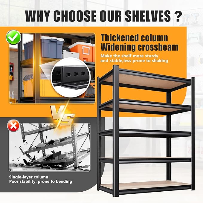 5-Tier Garage Shelving Heavy Duty Storage Shelves, Metal Adjustable Shelving Unit, Utility Garage Organizer Shelf for Basement, Pantry, Kitchen, Warehouse, 31.5" W x 13.8" D x 71.2" H, Black