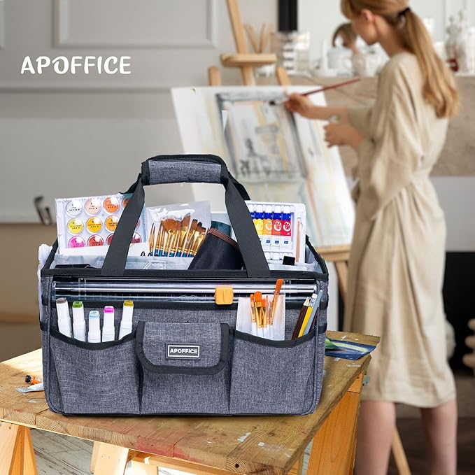 APOFFICE Art Supply Organizer Tote Bag – Craft Caddy with Handle, Utility Storage Tote with Multiple Pockets & Adjustable Divider for Stationary, Sewing, Scrapbooking, School, Office, Medical Supplies
