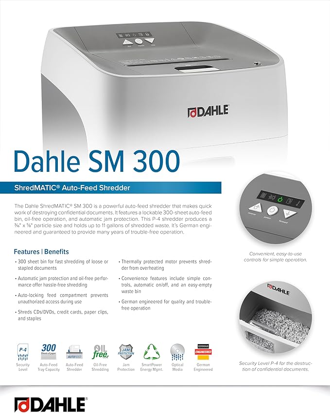 Dahle ShredMATIC SM 300 Auto Feed Paper Shredder, 300-Sheet Capacity, Cross-Cut, P-4 Security, Jam-Free & Oil-Free, Shreds CDs, Credit Cards, Staples & Paper Clips, German Engineered