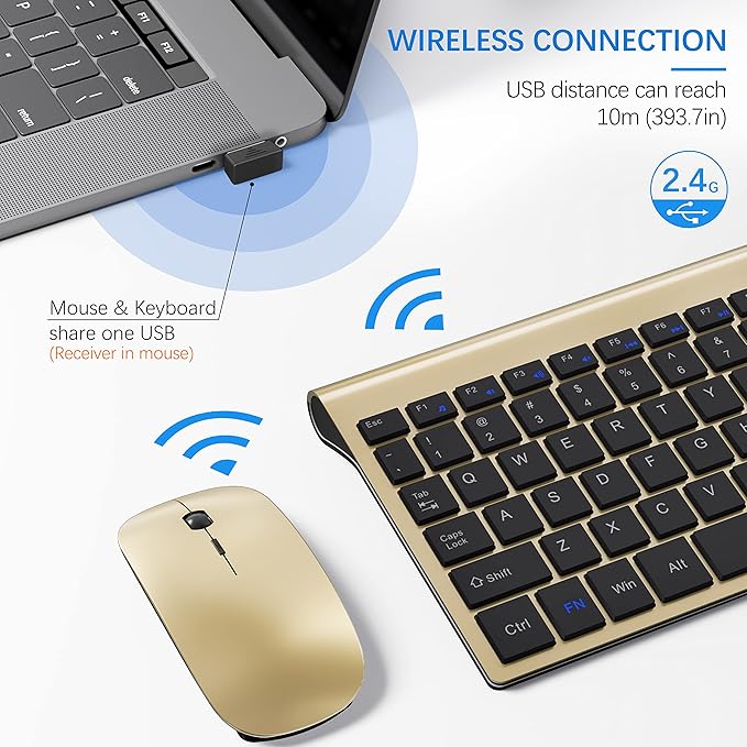 Wireless Keyboard and Mouse Ultra Slim Combo, TopMate 2.4G Silent Compact USB 2400DPI Mouse and Scissor Switch Keyboard Set with Cover, Batteries Included, for PC/Laptop/Windows/Mac - Gold Black