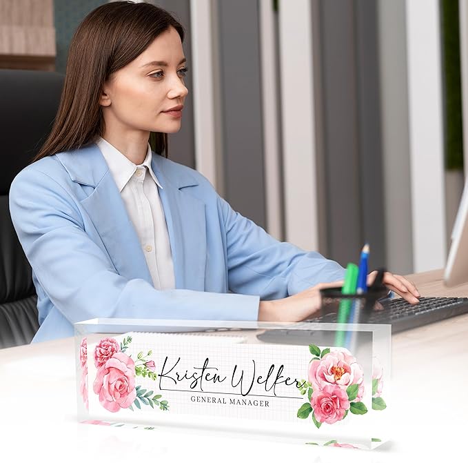 Personalized Office Name Plate, Custom Name Plate for Desks, Office Desk Decorations Gift for Women Men, Acrylic Desk Name Plate for Teacher Coworkers Staff Boss (Pink Flower)