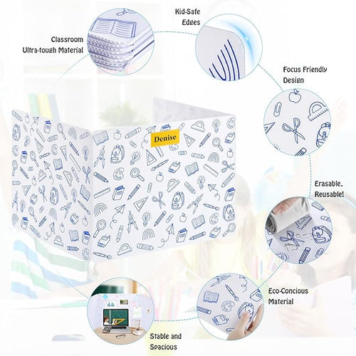 24 Pack Printing Privacy Floders for Student Desks - Durable Plastic Erasable - Testing Dividers for Classroom - Easy Clean Privacy Shields for Student - Includes Extra Labels White