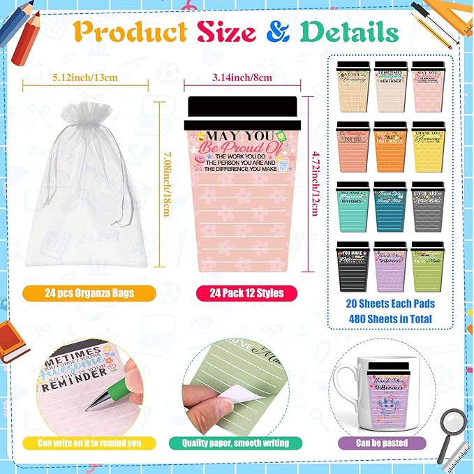 24 Sets Employee Appreciation Gifts Bulk Coffee Cup Sticky Notes with Inspirational Pens, Funny Notepads Motivational Ballpoint Pen Christmas Gifts for Coworker Teacher Nurse Office Supplies