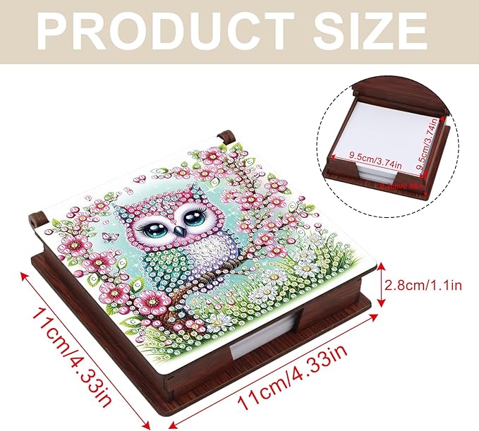 Wooden DIY Owl Diamond Art Notecard Box – DIY Gem Art Sticky Note Holder for Adults 160 Sheets Memo Pad Storage Desk