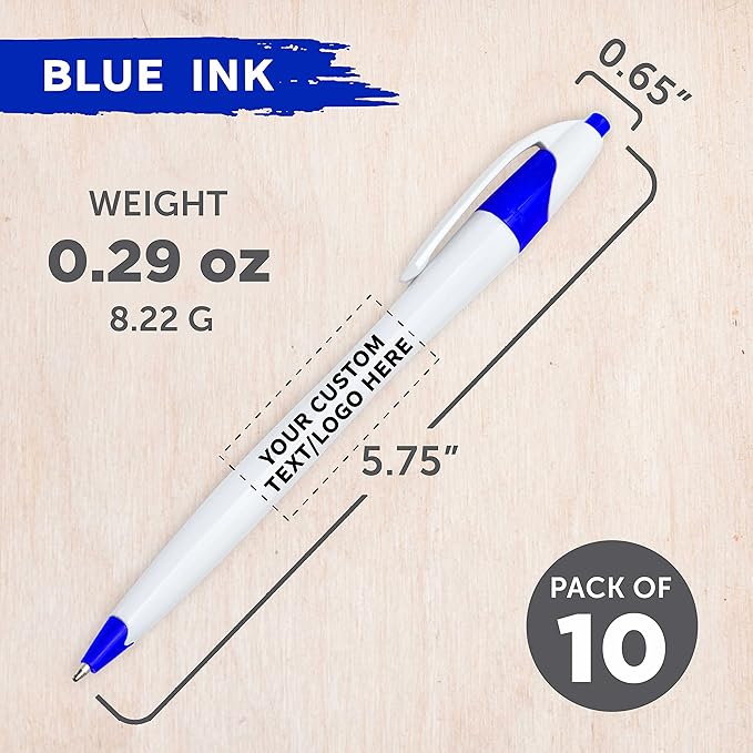 DISCOUNT PROMOS Custom Slim Curvy Ballpoint Pens Set of 10, Personalized Bulk Pack - Black Ink, Retractable, Great for Office, School, Tradeshows - Blue