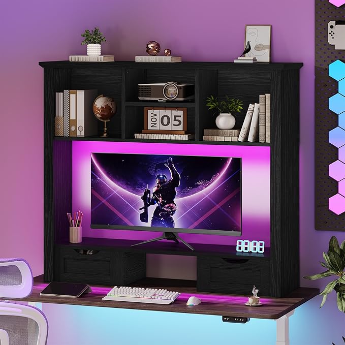 Desktop Bookshelf with Computer Monitor Stand, 37.4''W Desk Shelf Display Rack, Desktop Organizer Storage Rack with 4 Cubbies and 2 Drawers, 5-Tier Desk Hutch for Home, Office, Dorm, Vanity