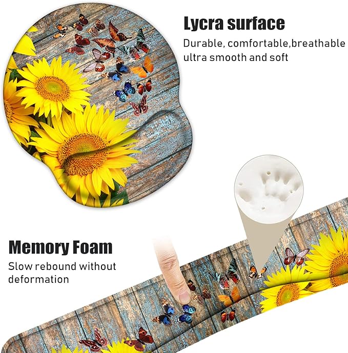 Keyboard Wrist Rest and Mouse Pad Wrist Support Set with Coasters, Sunflower and Butterfly Design Wrist Mouse Pad with Non-Slip PU Base for Computer Laptop Home Office Working Studying Easy Typing